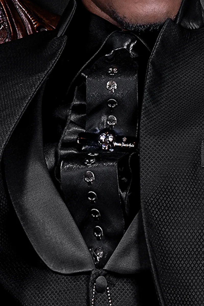 Abito sposo coreano nero su misura in misto lana jacquard 2