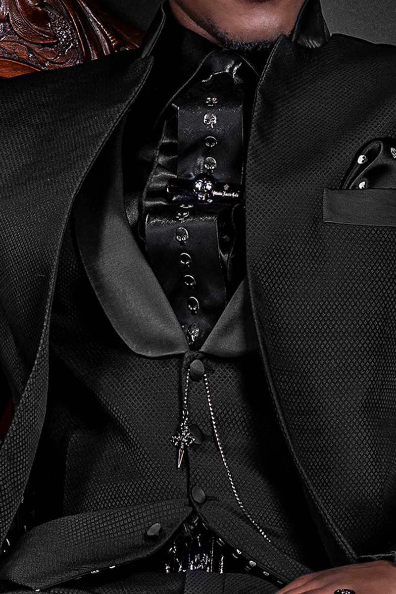 Abito sposo coreano nero su misura in misto lana jacquard 3