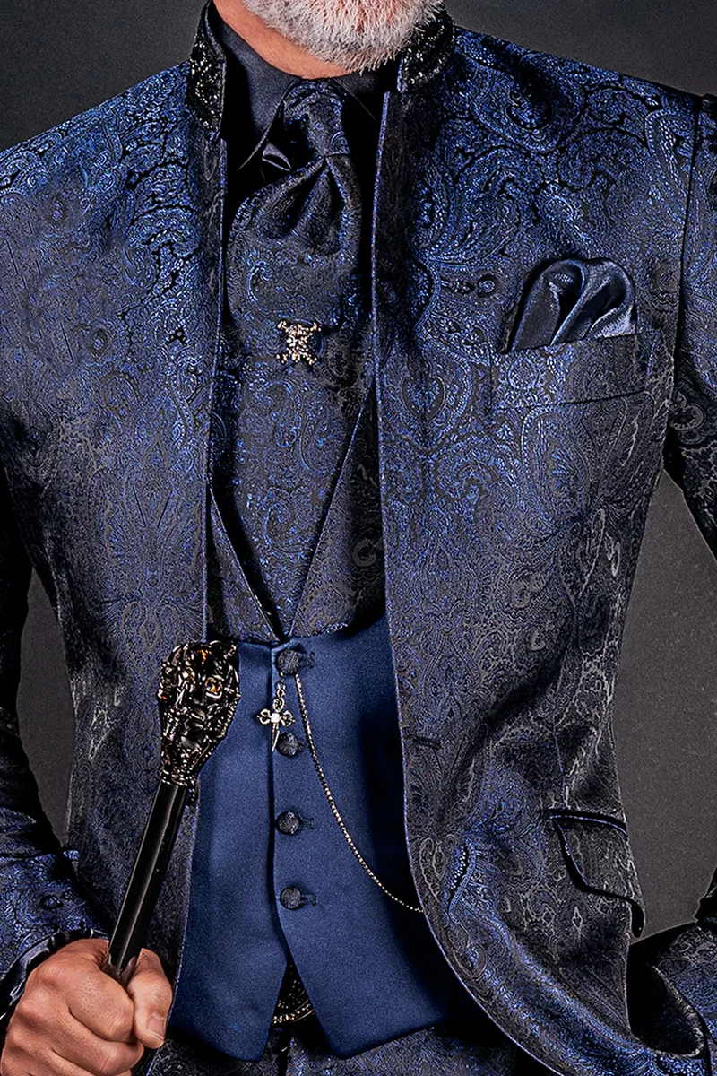 Abito sposo collo coreano damascato blu 2