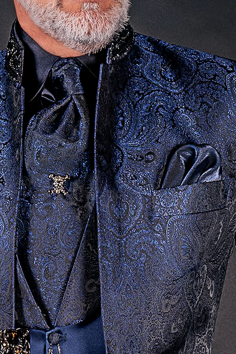 Abito sposo collo coreano damascato blu 3
