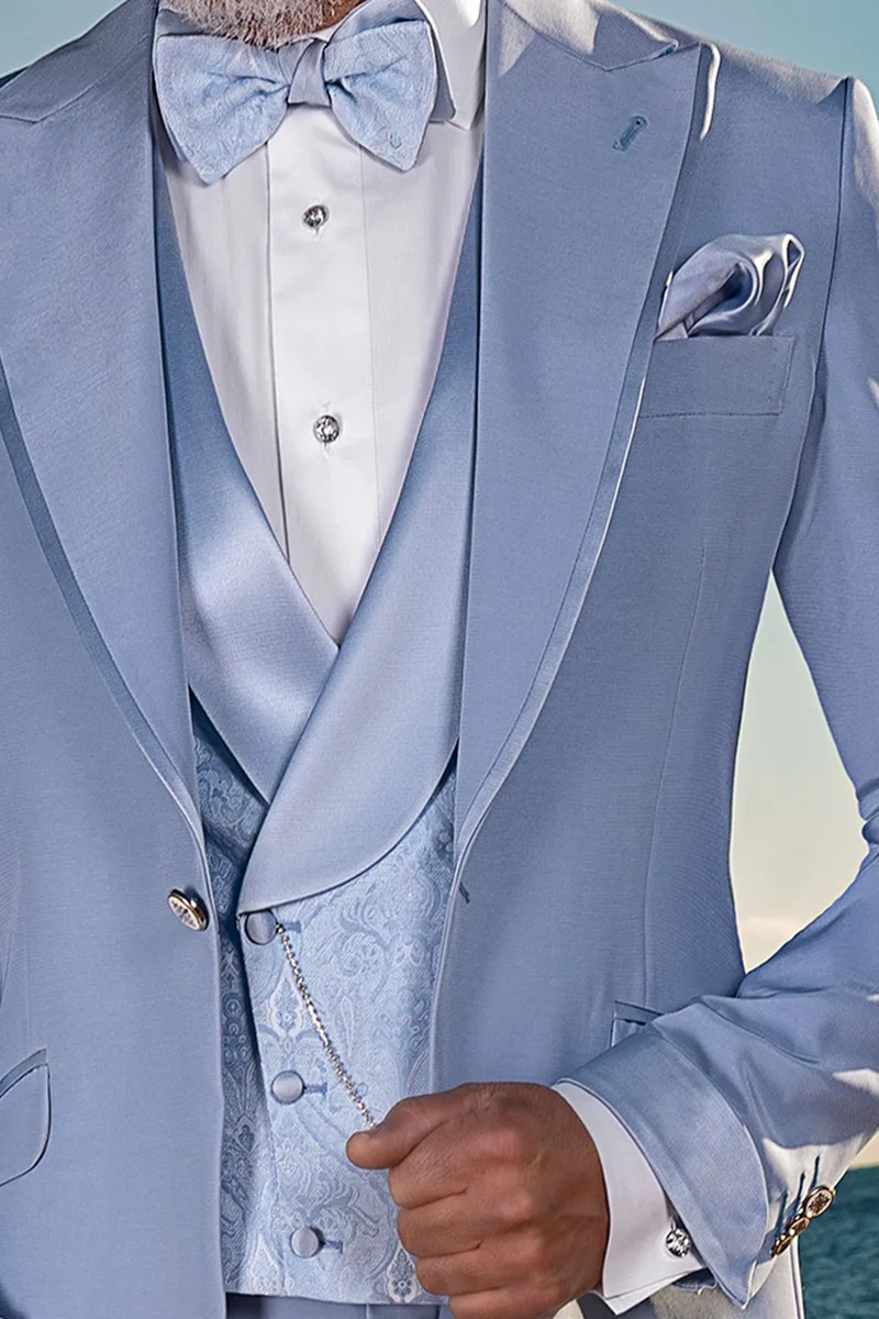 Abito moda fashion uomo celeste con profilo in raso 2