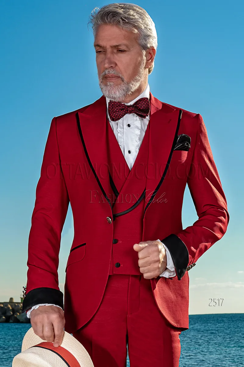 Abito uomo fashion moderno misto lana rosso con profili neri 1