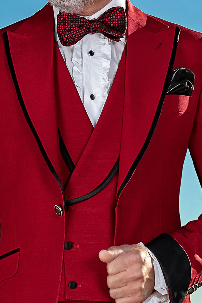 Abito uomo fashion moderno misto lana rosso con profili neri 3