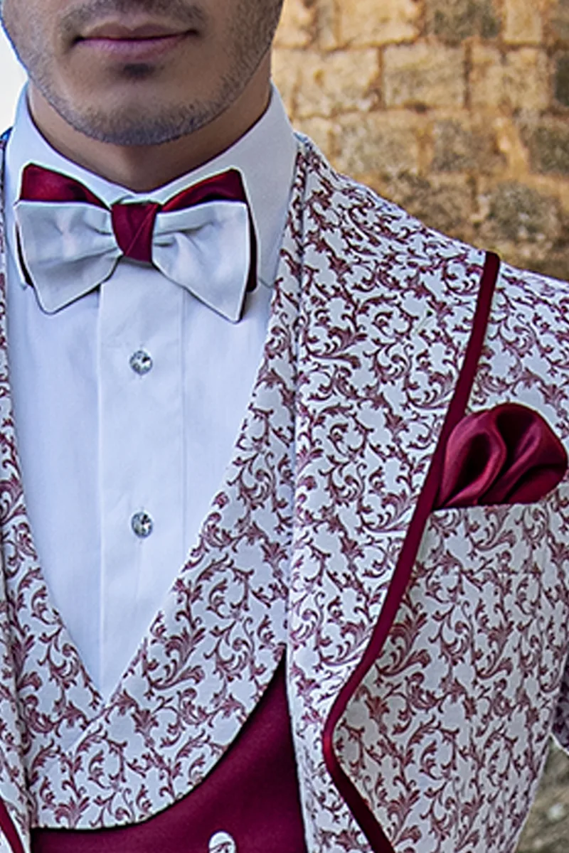 Abito cerimonia uomo in tessuto damascato bianco e rosso 3