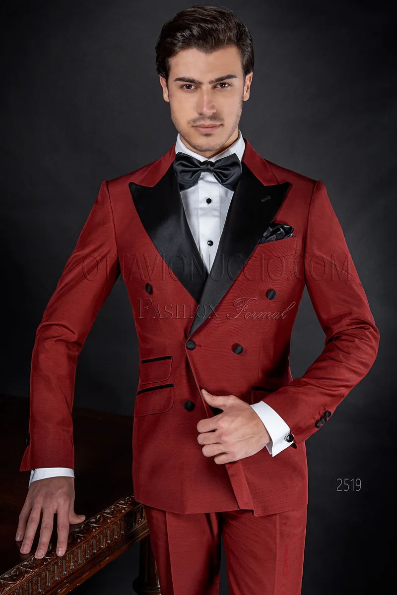 Abito doppiopetto fashion uomo misto lana rosso con inserti neri 1