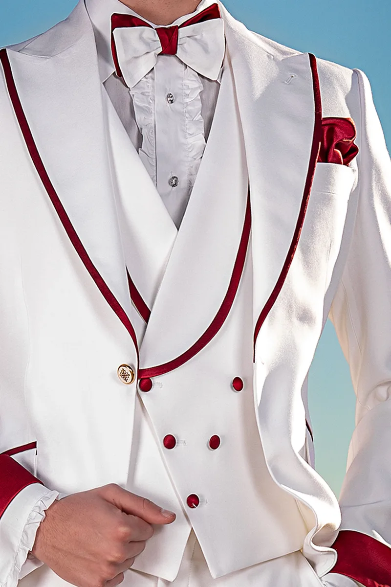 Abito uomo fashion su misura bianco, contrasti rosso sul rever e maniche 2