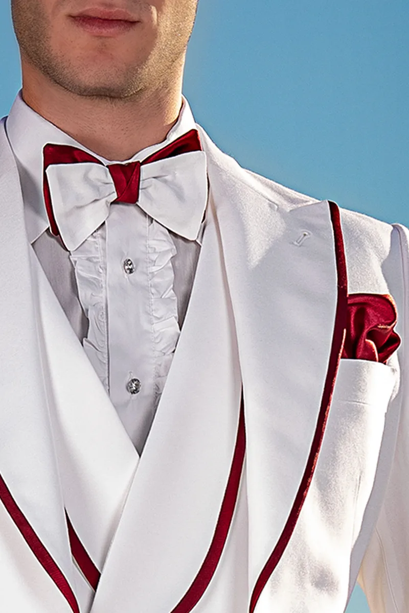 Abito uomo fashion su misura bianco, contrasti rosso sul rever e maniche 3