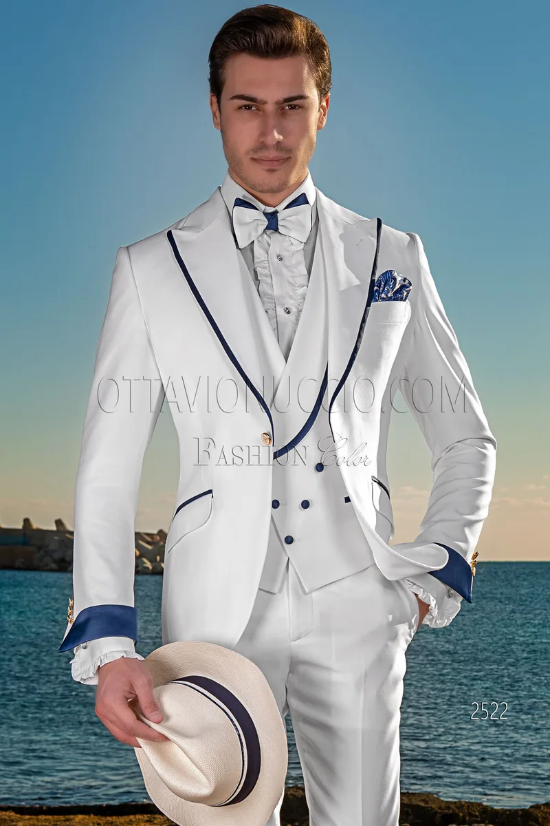 Abito cerimonia fashion su misura bianco, maniche e rever con contrasti blu 1
