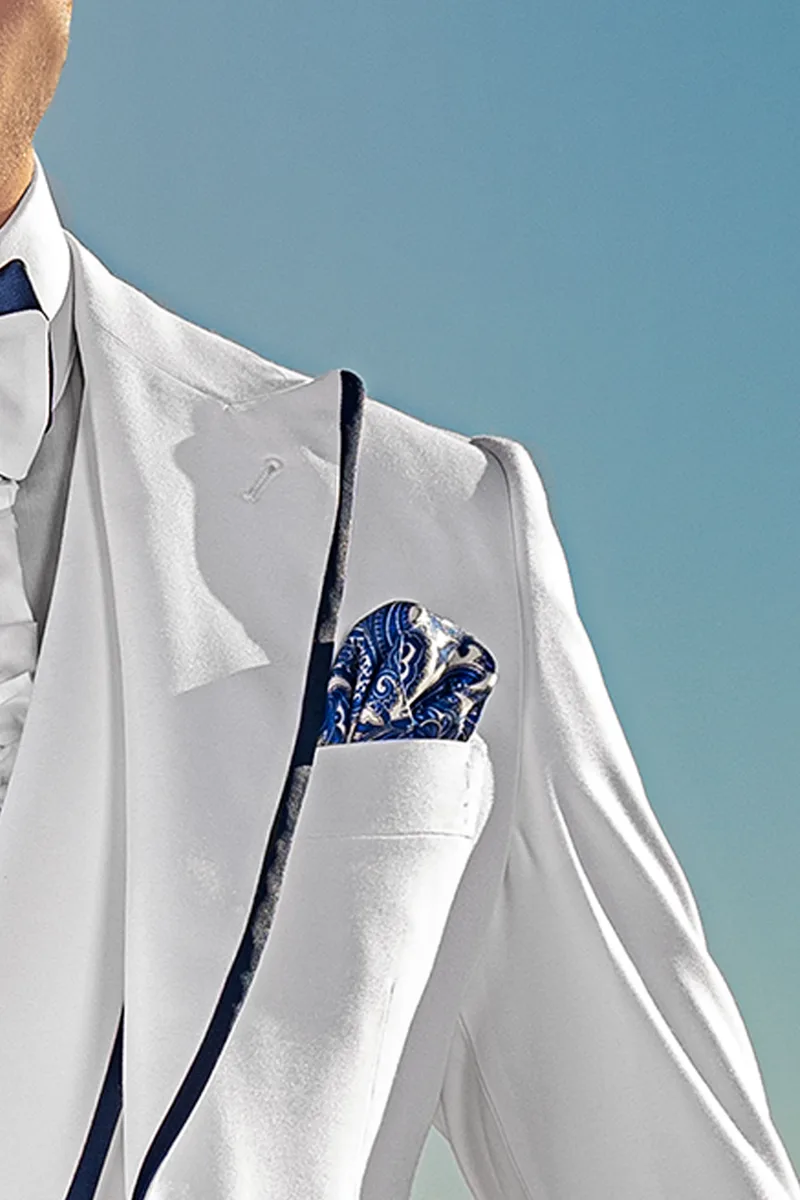 Abito cerimonia fashion su misura bianco, maniche e rever con contrasti blu 4