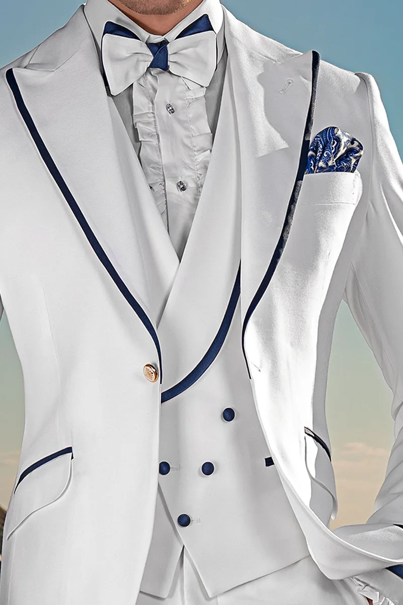 Abito cerimonia fashion su misura bianco, maniche e rever con contrasti blu 3