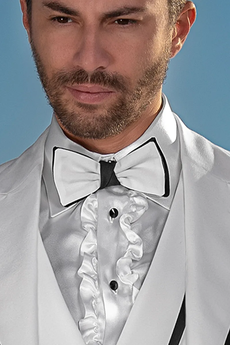 Vestito uomo fashion su misura bianco, contrasti neri sul rever e maniche 2