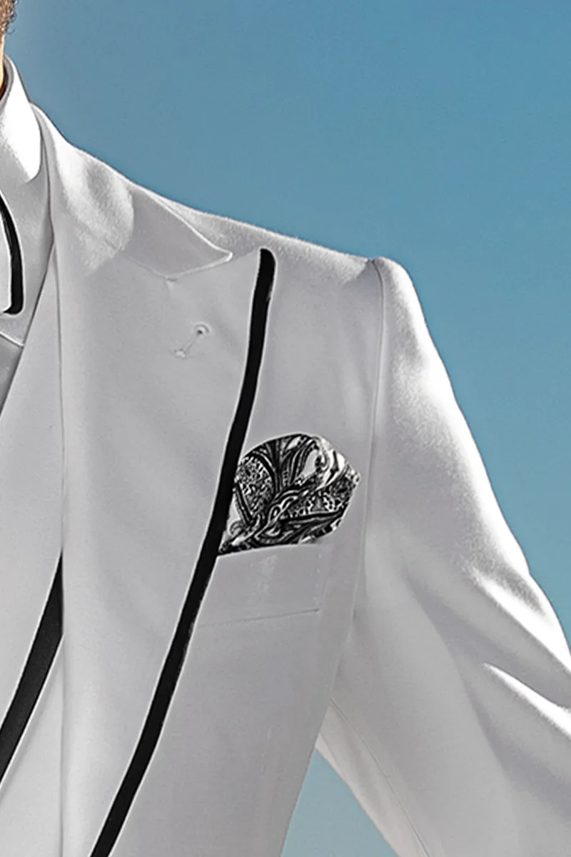Vestito uomo fashion su misura bianco, contrasti neri sul rever e maniche 4