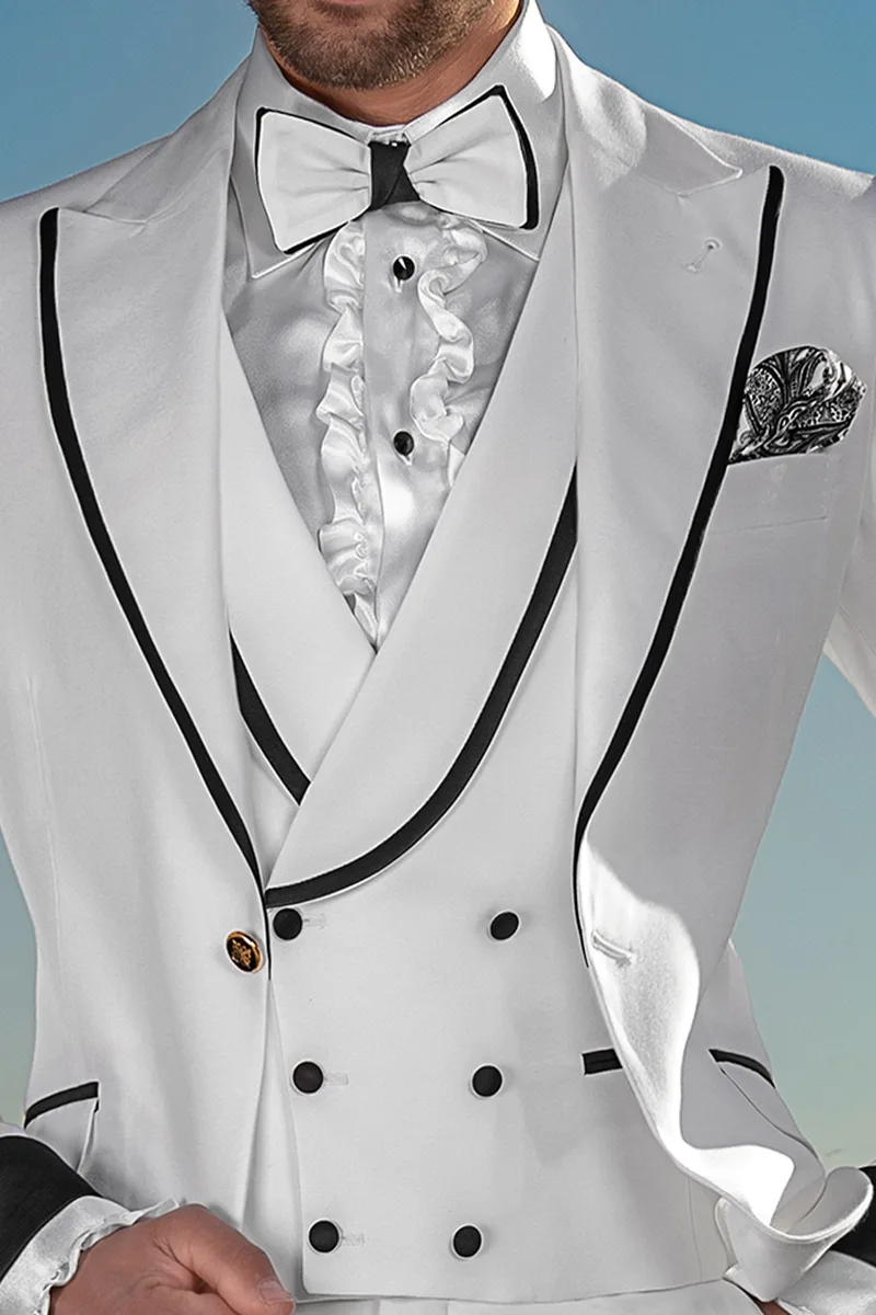 Vestito uomo fashion su misura bianco, contrasti neri sul rever e maniche 3