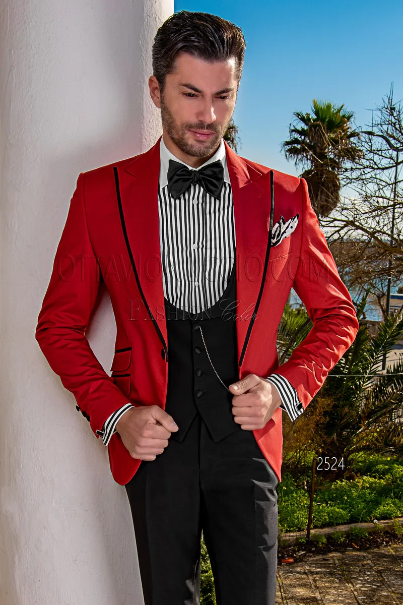 Giacca da cerimonia uomo in cotone rossa con pantalone e gilet nero 1