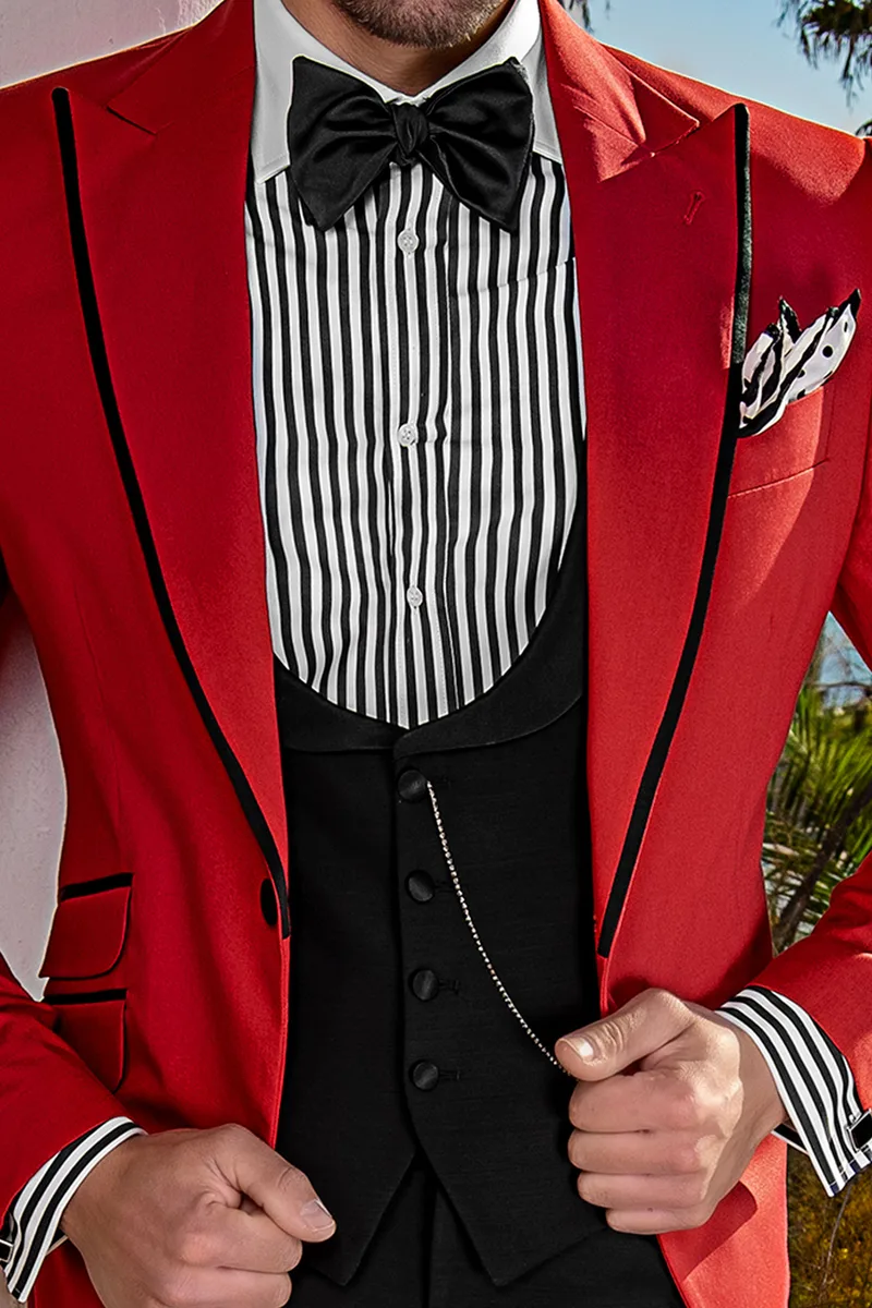 Giacca da cerimonia uomo in cotone rossa con pantalone e gilet nero 2