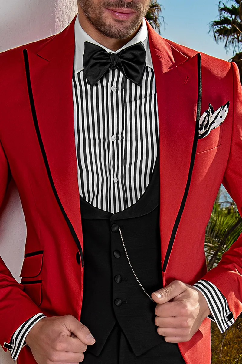 Giacca da cerimonia uomo in cotone rossa con pantalone e gilet nero 3