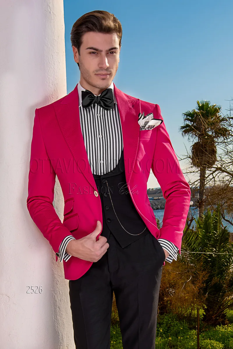 Abito matrimonio civile in piquet di cotone fucsia, pantalone nero 1