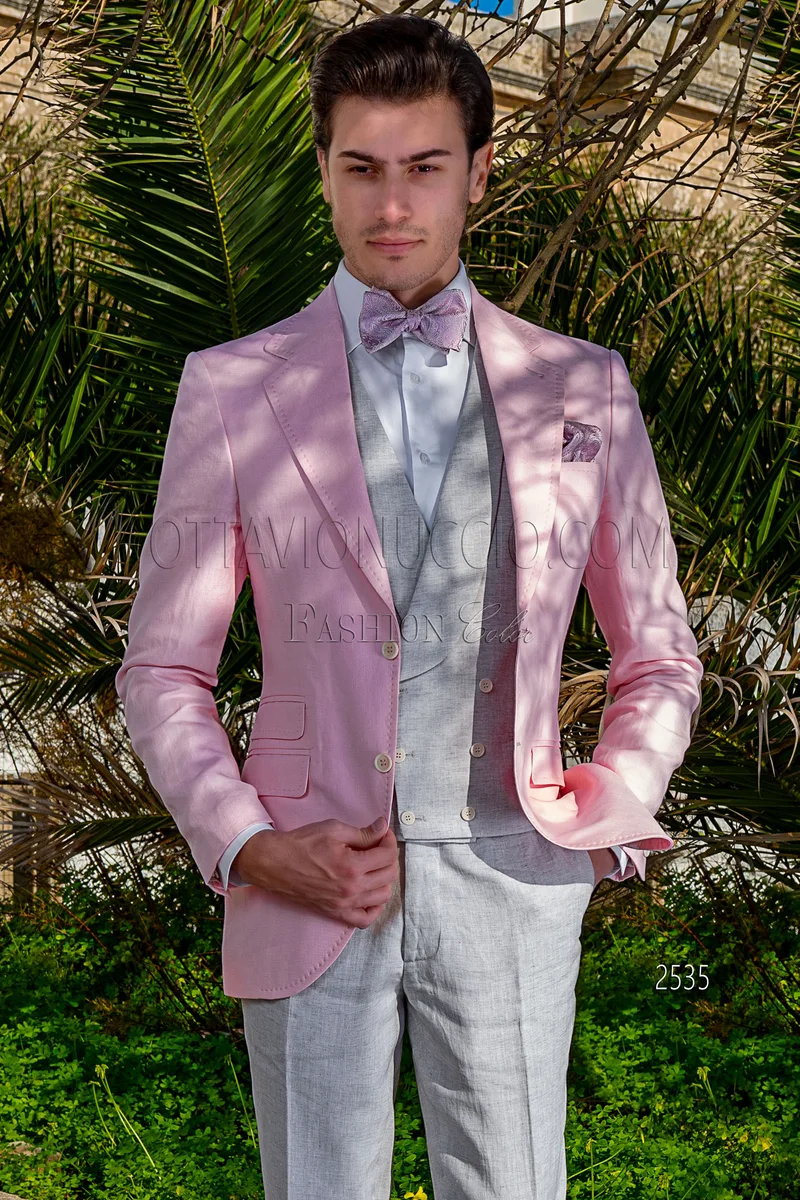 Completo estivo uomo da cerimonia in puro lino rosa e grigio 1