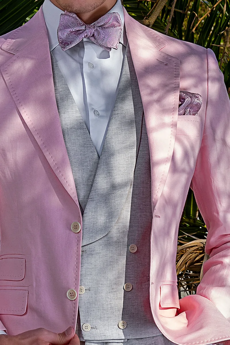 Completo estivo uomo da cerimonia in puro lino rosa e grigio 2