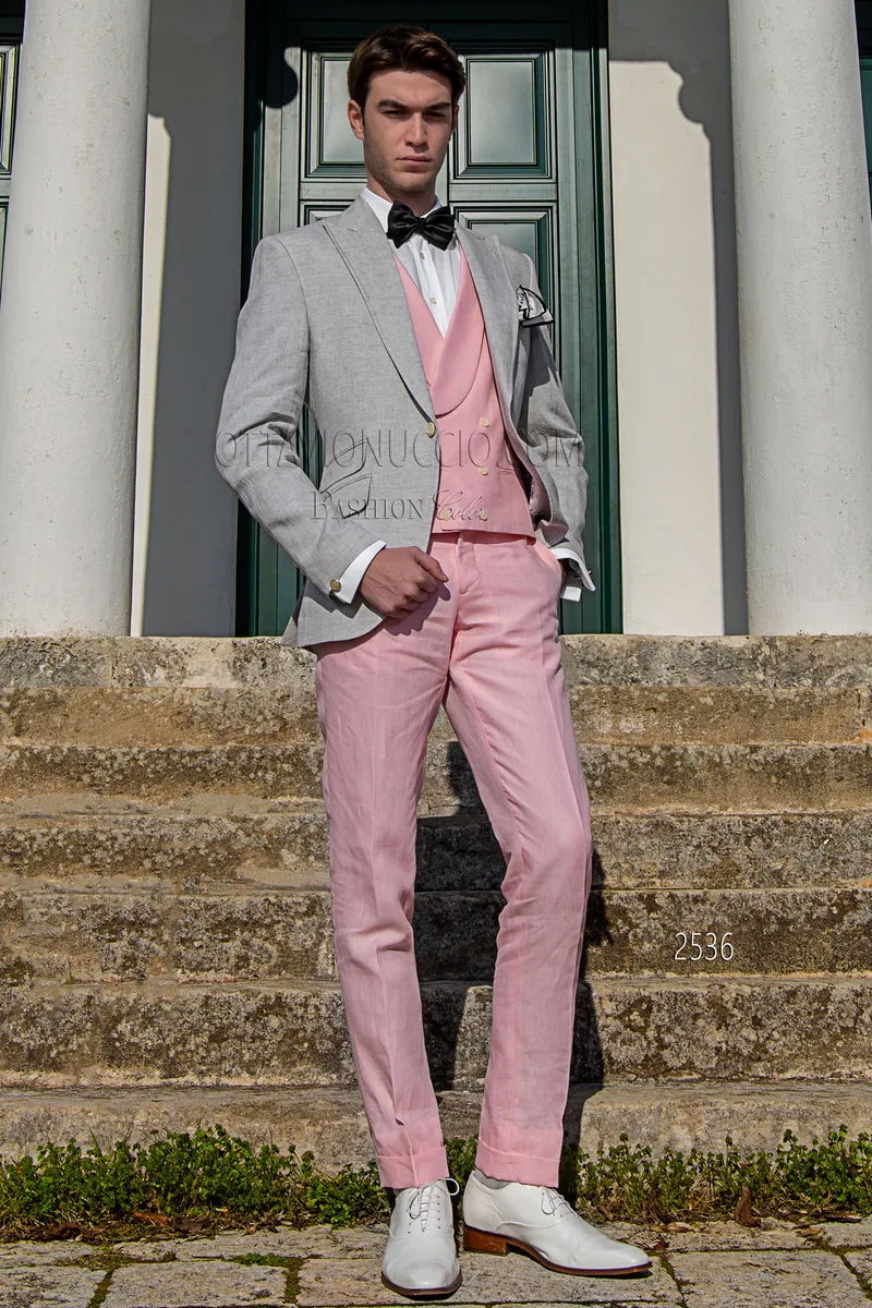 Completo estivo uomo da cerimonia in puro lino grigio e rosa 1