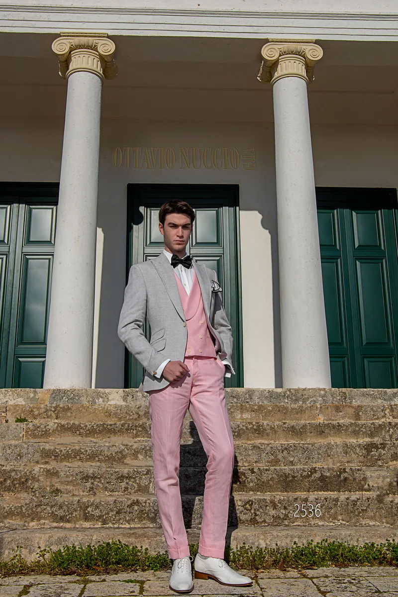 Completo estivo uomo da cerimonia in puro lino grigio e rosa 2