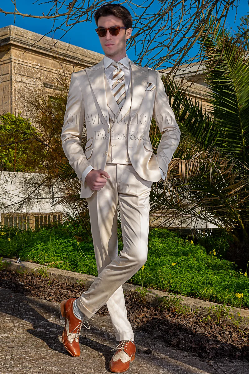 Vestito da matrimonio estivo uomo in raso di cotone beige 1