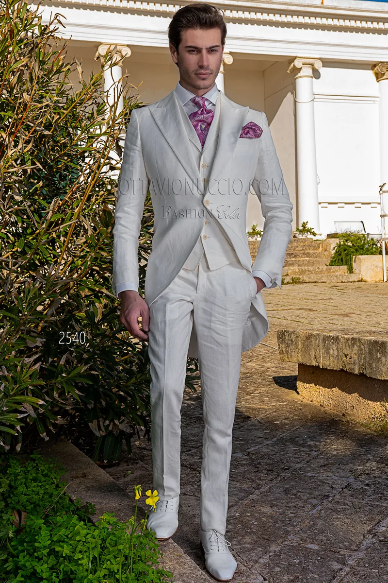 Tight moderno per matrimonio estivo in puro lino bianco 1