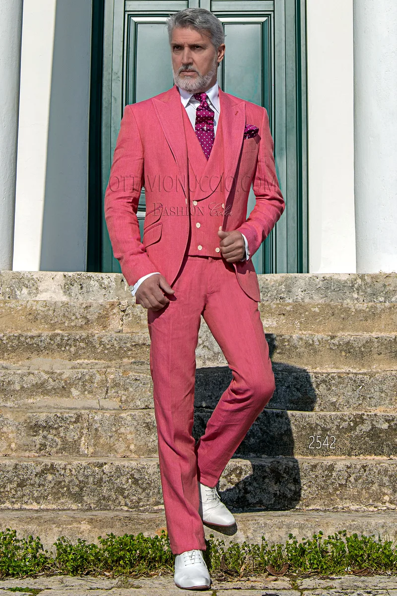 Abito moda uomo lino fucsia per cerimonie estive 1