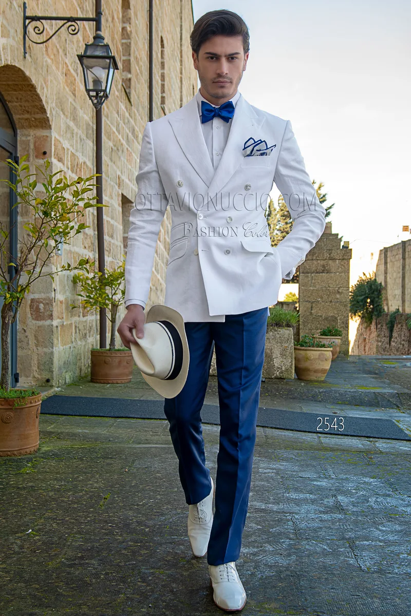 Vestito uomo lino bianco doppiopetto, pantalone pied-de-poule blu 1