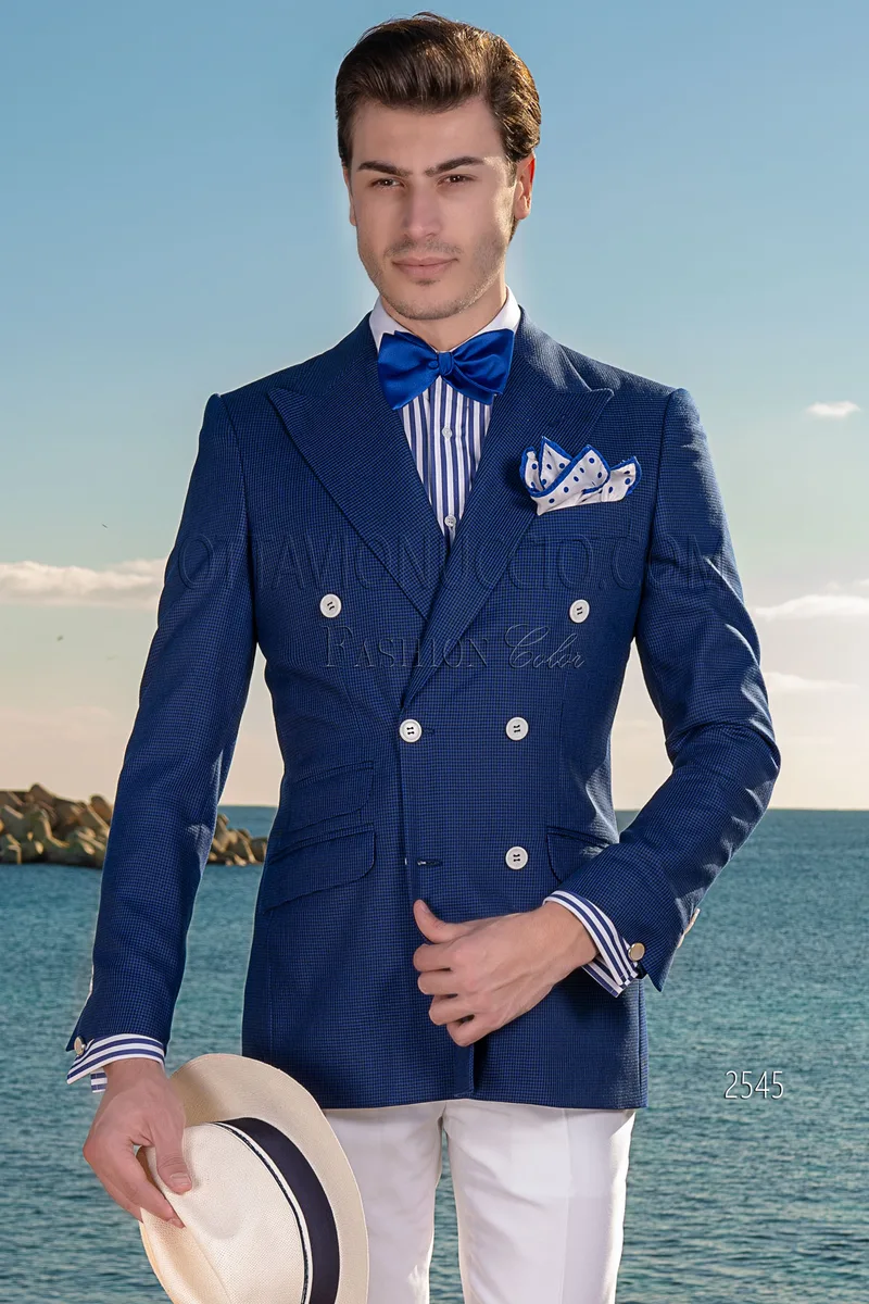Giacca uomo doppiopetto Pied-de-Poule blu e pantalone bianco 1