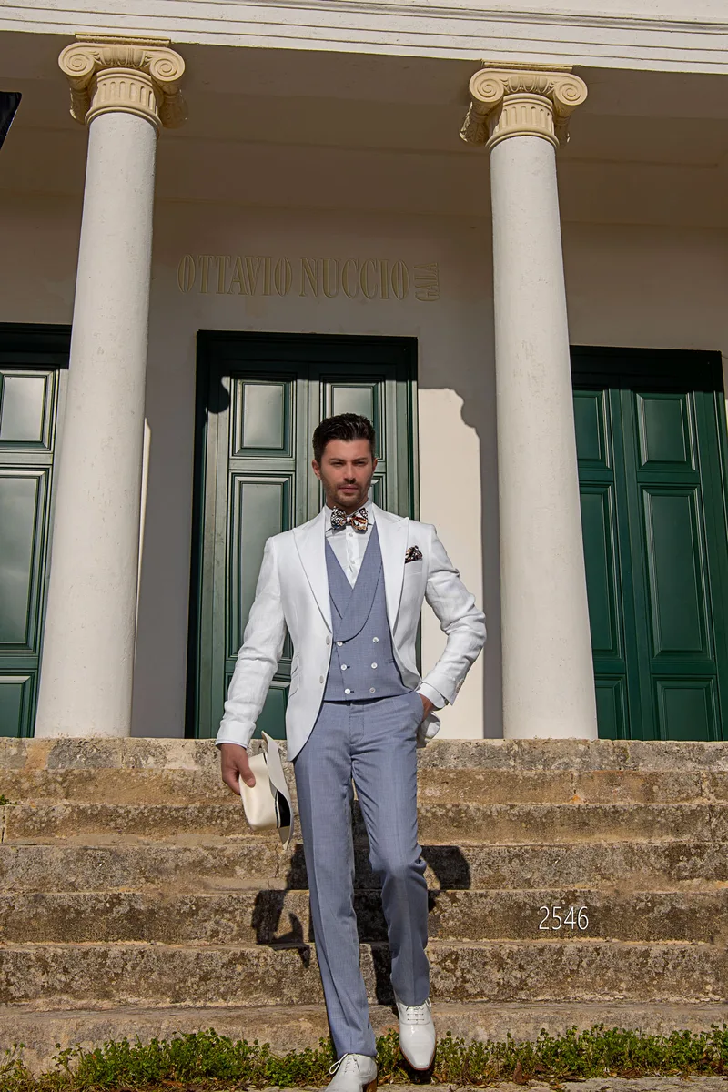 Vestito uomo cerimonie estive bianco e pantalone pied-de-poule blu 2