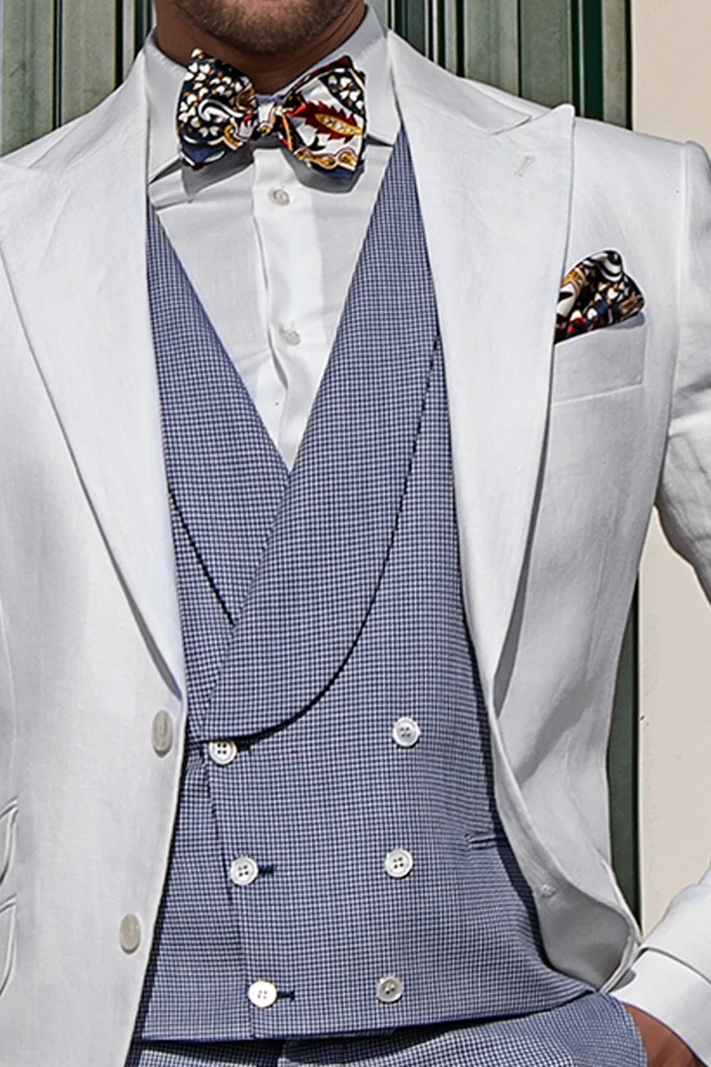 Vestito uomo cerimonie estive bianco e pantalone pied-de-poule blu 3