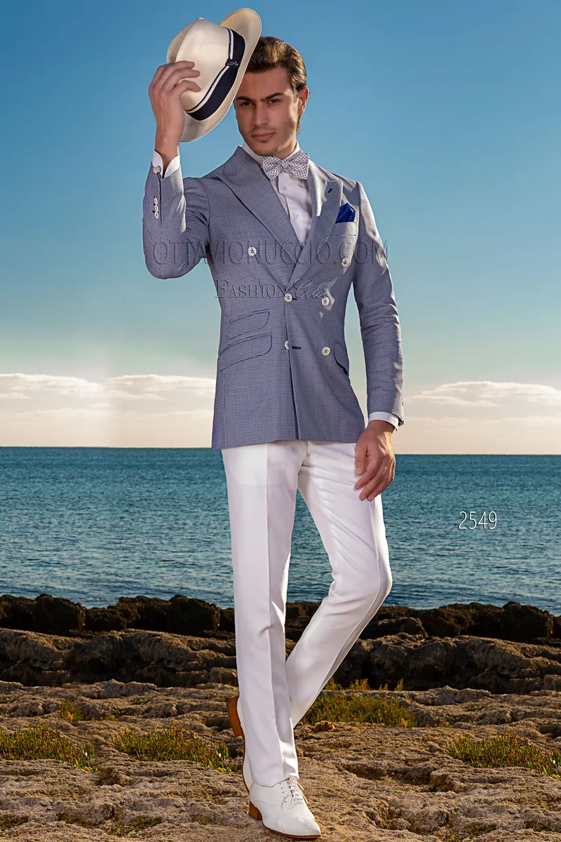 Giacca moda uomo doppiopetto Pied-de-Poule blu con pantalone bianco 1