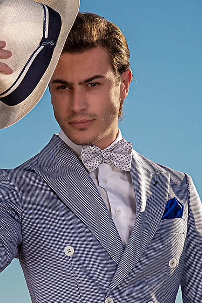 Giacca moda uomo doppiopetto Pied-de-Poule blu con pantalone bianco 2