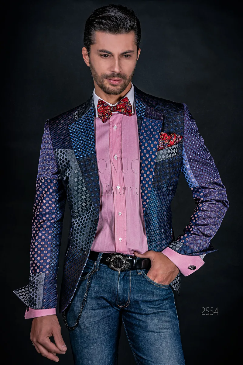 Giacca moda uomo in seta patchwork blu 1