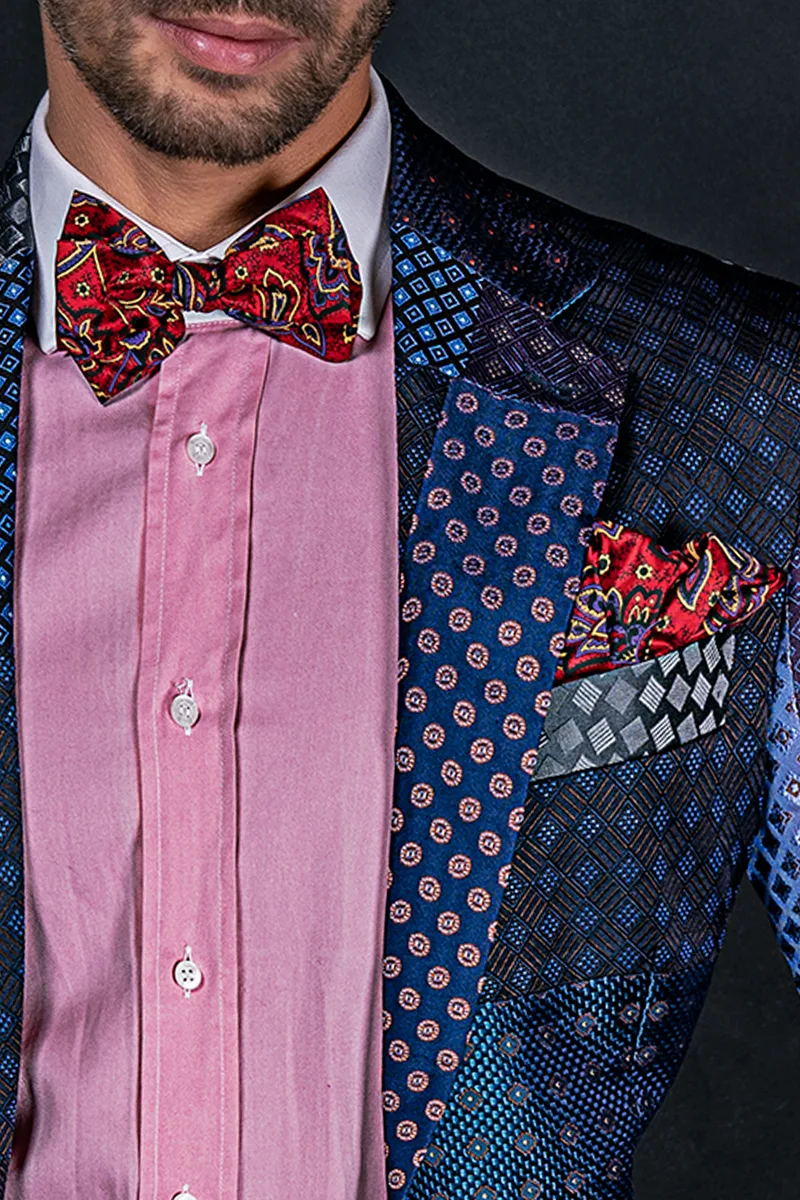 Giacca moda uomo in seta patchwork blu 2