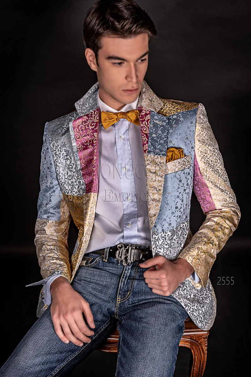 Giacca da uomo moderna in patchwork seta tonalità pastello 1