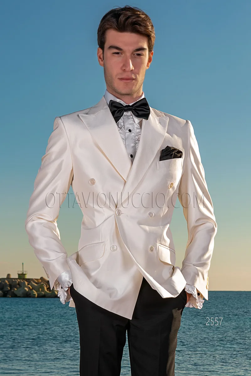 Abito doppiopetto uomo shantung misto seta bianco e pantalone nero 1