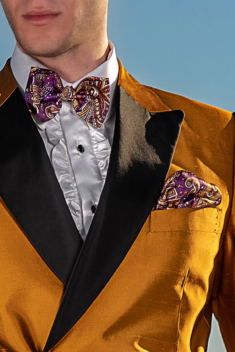Abito doppiopetto uomo shantung misto seta oro e pantalone nero 2