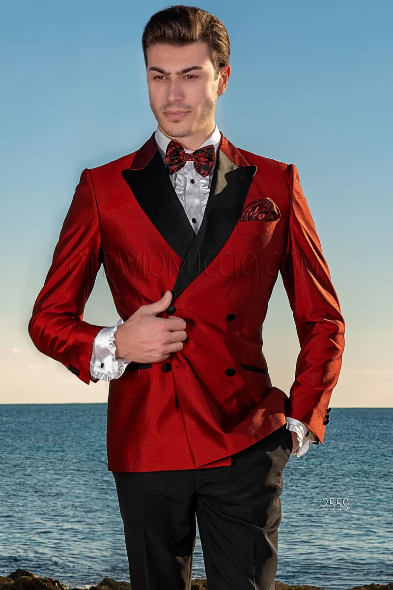 Abito doppiopetto uomo shantung misto seta rosso e pantalone nero 1