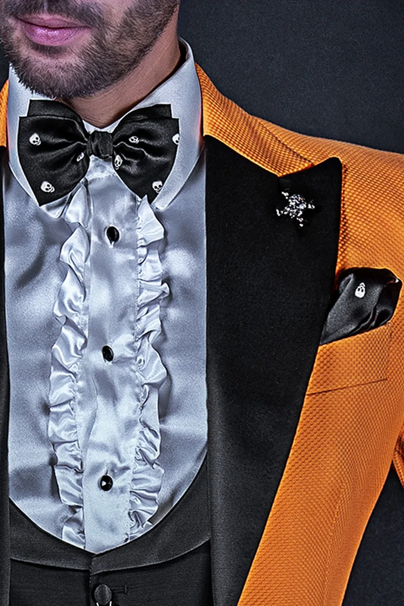 Abito smoking moderno da uomo in piquet arancio e rever raso nero 3