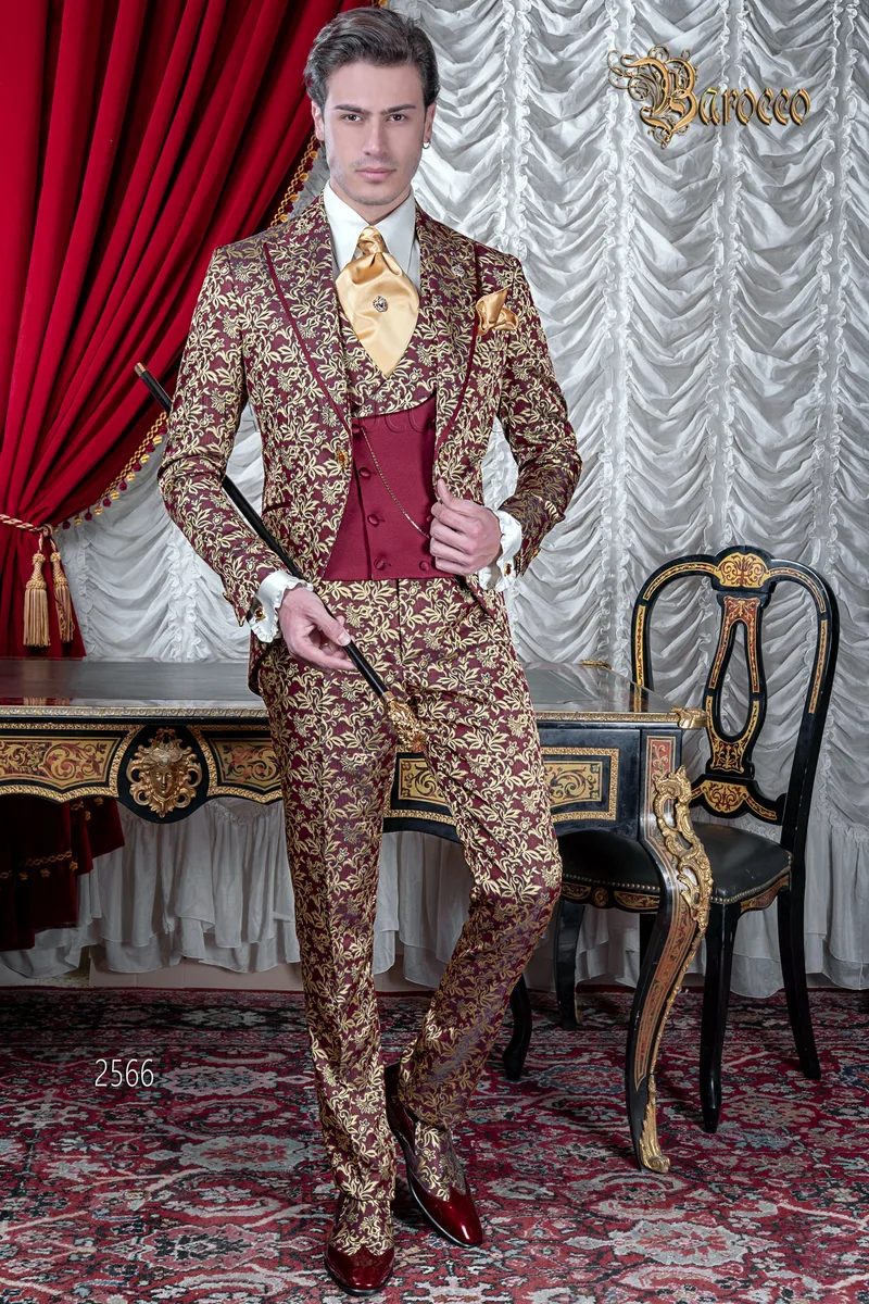 Abito uomo matrimonio barocco di lusso, broccato rosso e oro 1