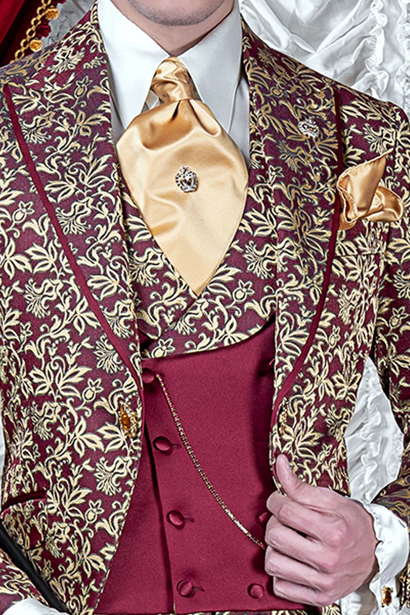 Abito uomo matrimonio barocco di lusso, broccato rosso e oro 2