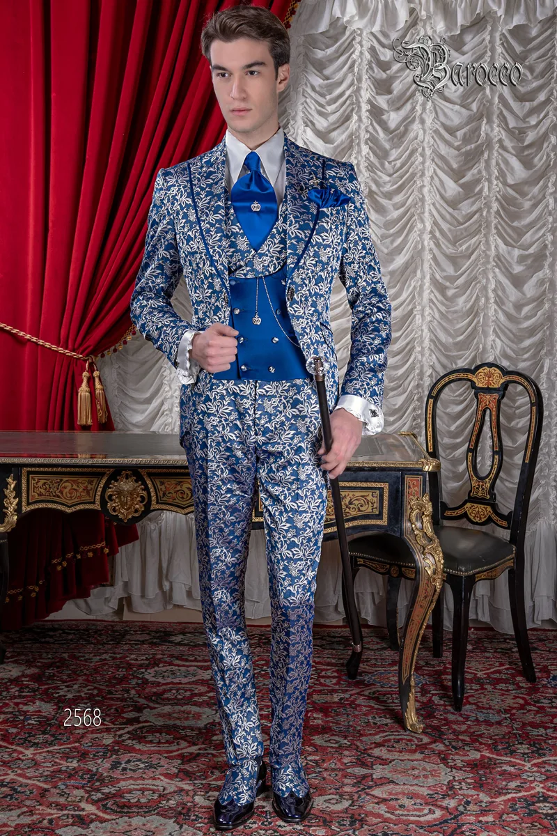 Abito uomo matrimonio barocco di lusso, broccato blu royal argento 1