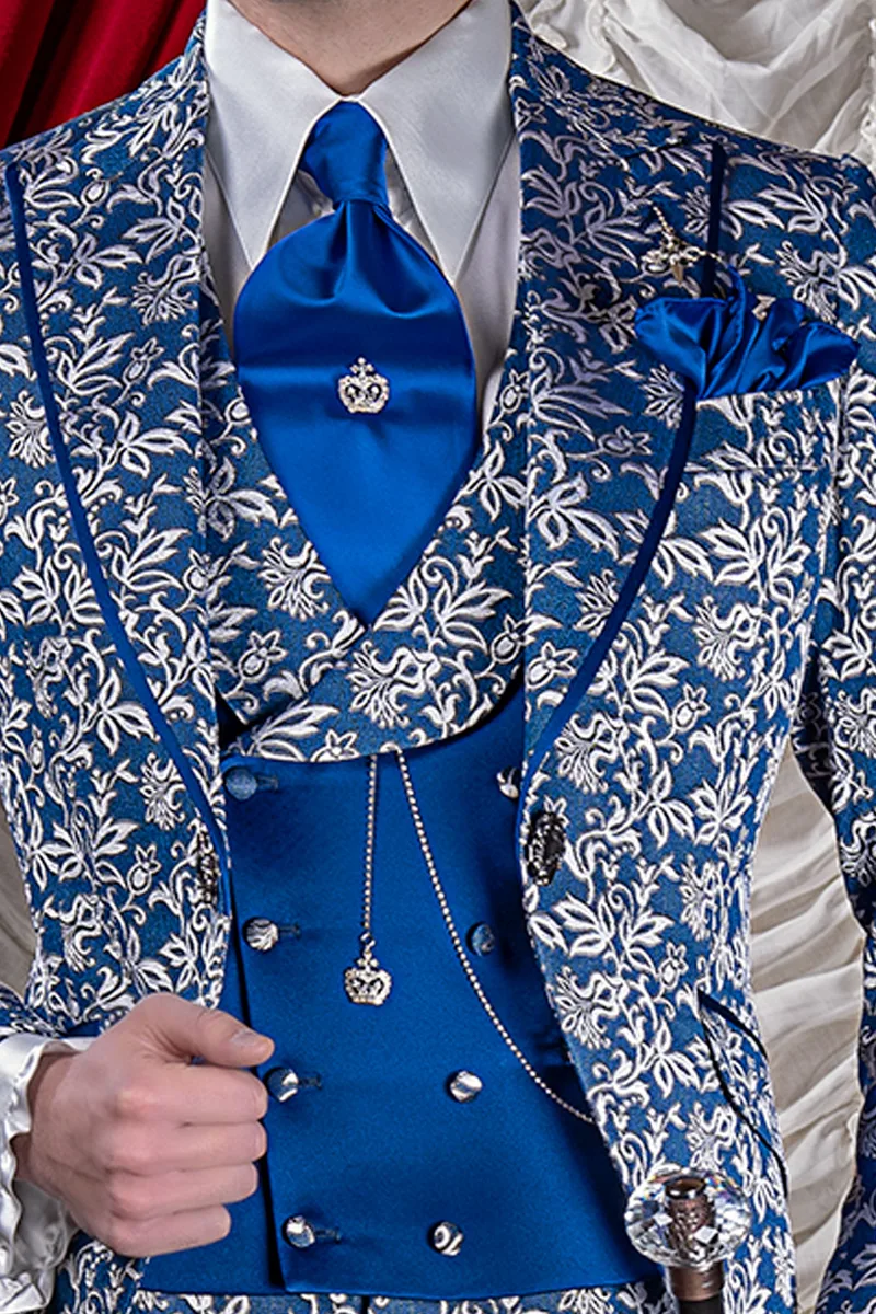 Abito uomo matrimonio barocco di lusso, broccato blu royal argento 2