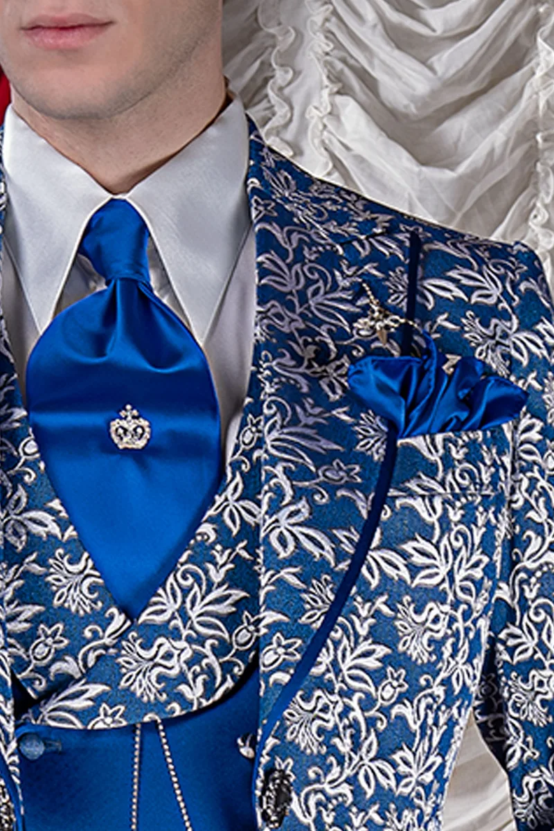 Abito uomo matrimonio barocco di lusso, broccato blu royal argento 3
