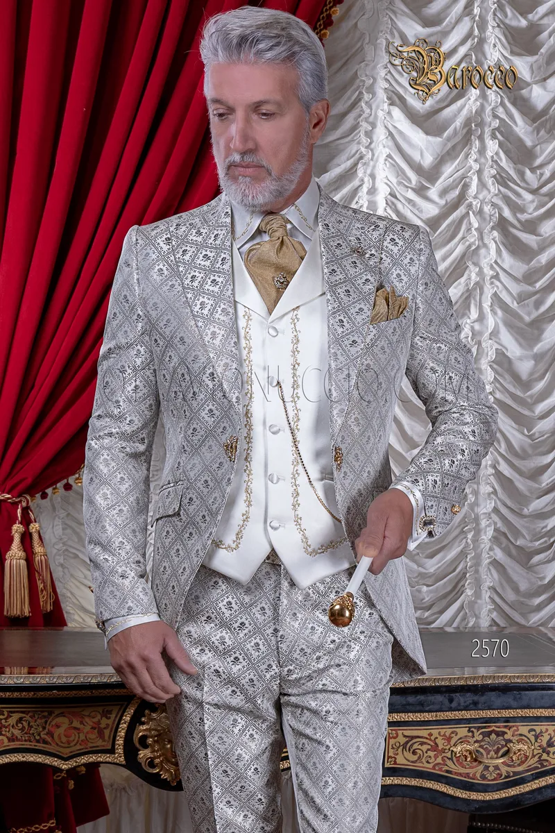 Abito uomo matrimonio barocco di lusso, broccato grigio perla oro 1