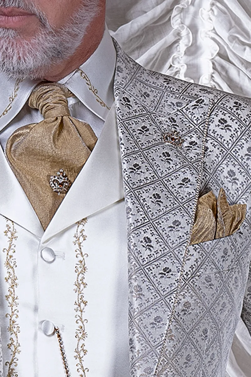 Abito uomo matrimonio barocco di lusso, broccato grigio perla oro 3
