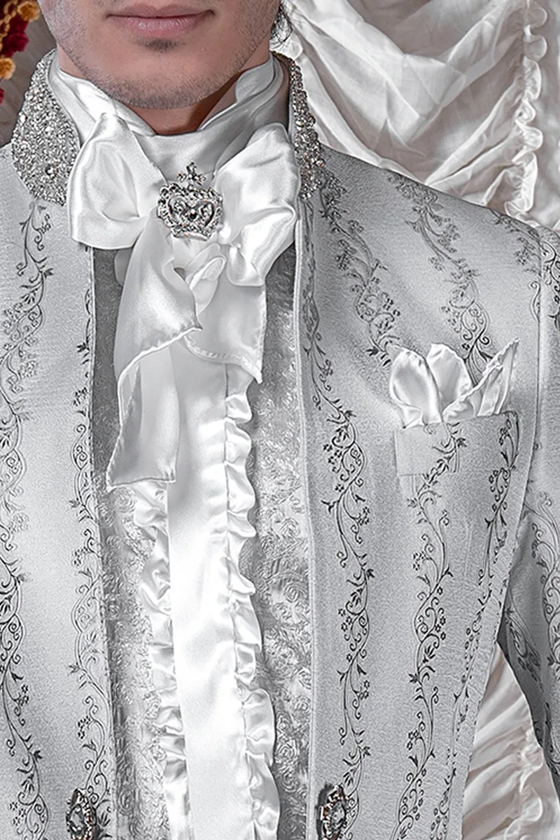 Vestito sposo coreano, giacca broccata grigia e cristalli sul collo 2