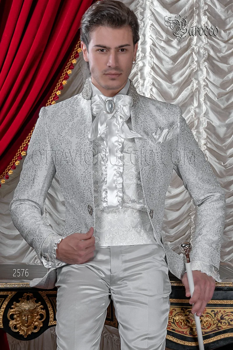 Vestito sposo collo coreana con cristalli damascato grigio perla 1